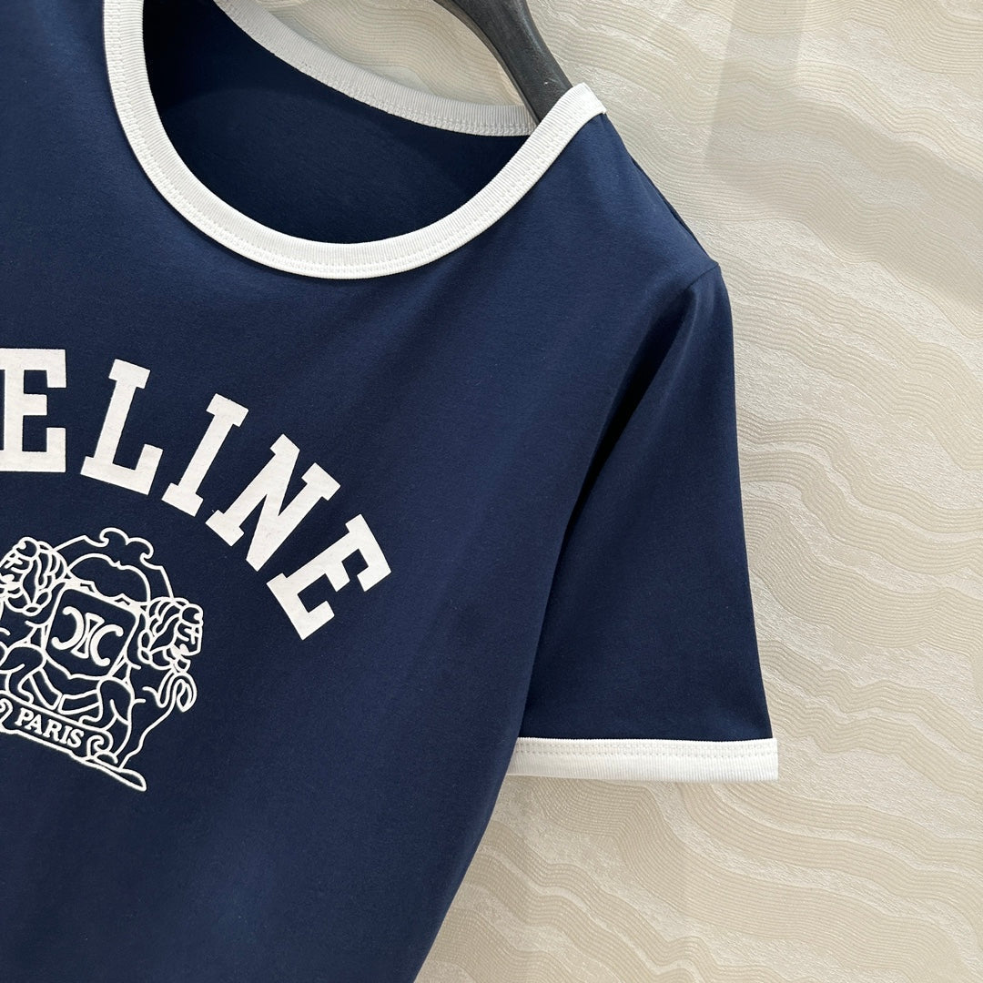 Celine 25 Arc de Triomphe Letter Short Sleeve T-shirt Navy Blue mix White Cotton
