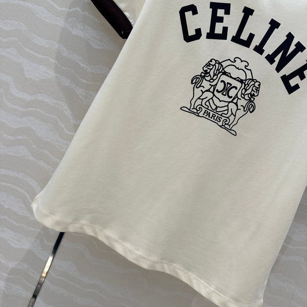 Celine 25 Arc de Triomphe Letter Short Sleeve T-shirt Cream mix Black Cotton