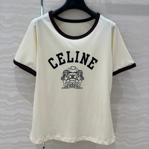 Celine 25 Arc de Triomphe Letter Short Sleeve T-shirt Cream mix Black Cotton
