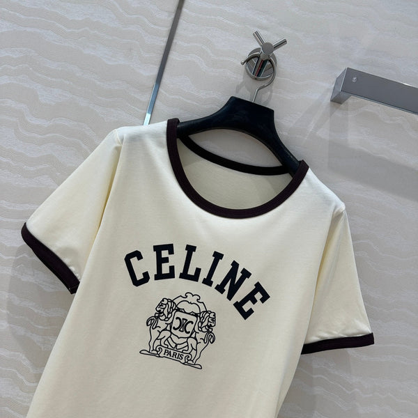 Celine 25 Arc de Triomphe Letter Short Sleeve T-shirt Cream mix Black Cotton