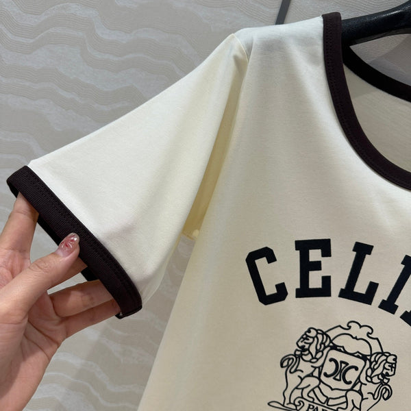 Celine 25 Arc de Triomphe Letter Short Sleeve T-shirt Cream mix Black Cotton
