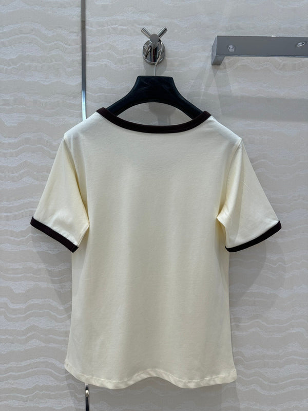 Celine 25 Arc de Triomphe Letter Short Sleeve T-shirt Cream mix Black Cotton