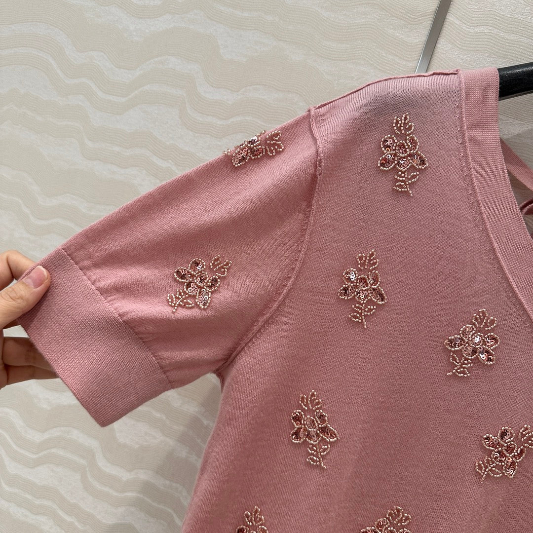 Fendi Beaded Flower V-neck Knitted Small Top Pink Wool