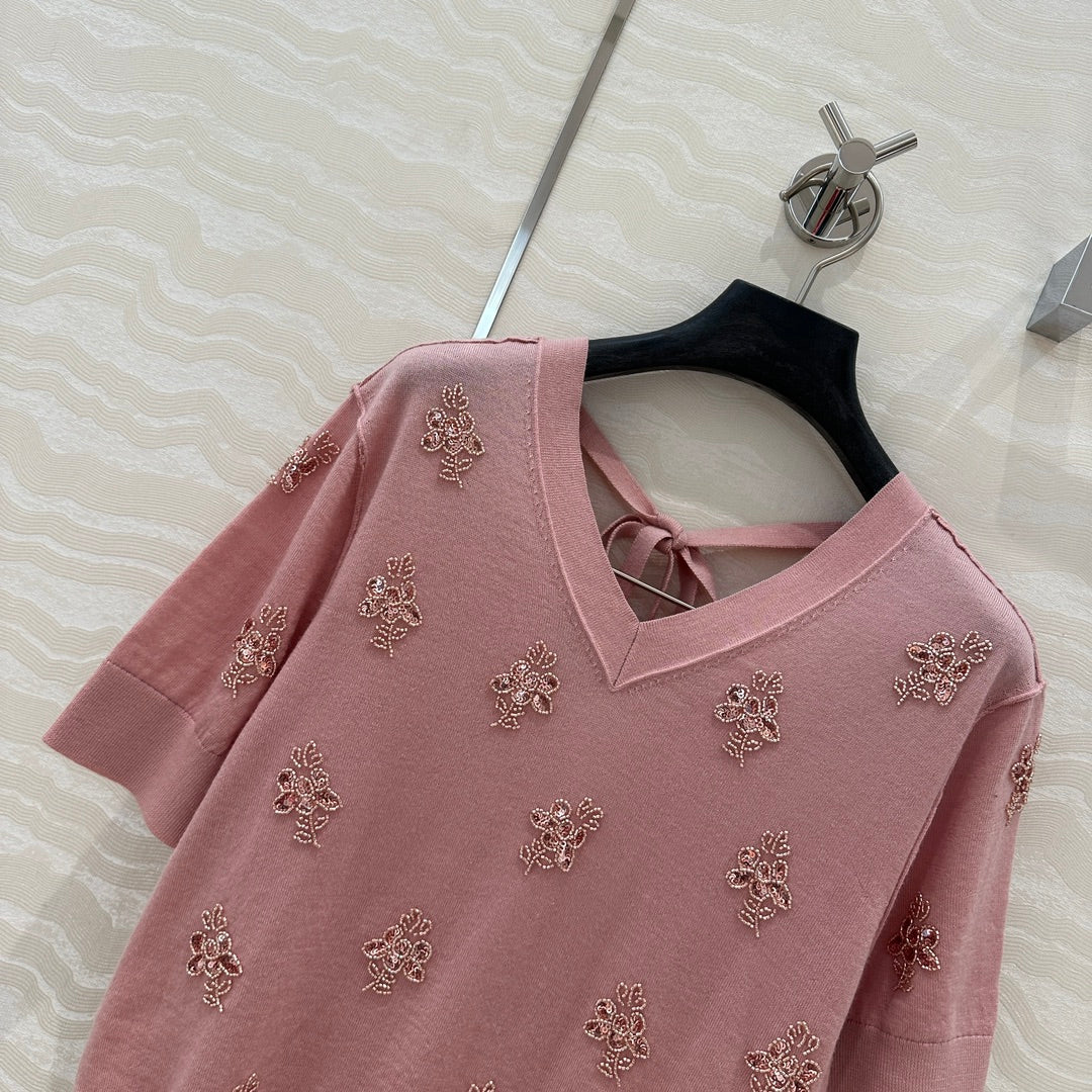 Fendi Beaded Flower V-neck Knitted Small Top Pink Wool