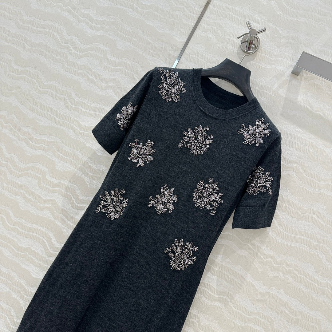 Fendi Beaded Flower Knitted Dress Black Gray Wool