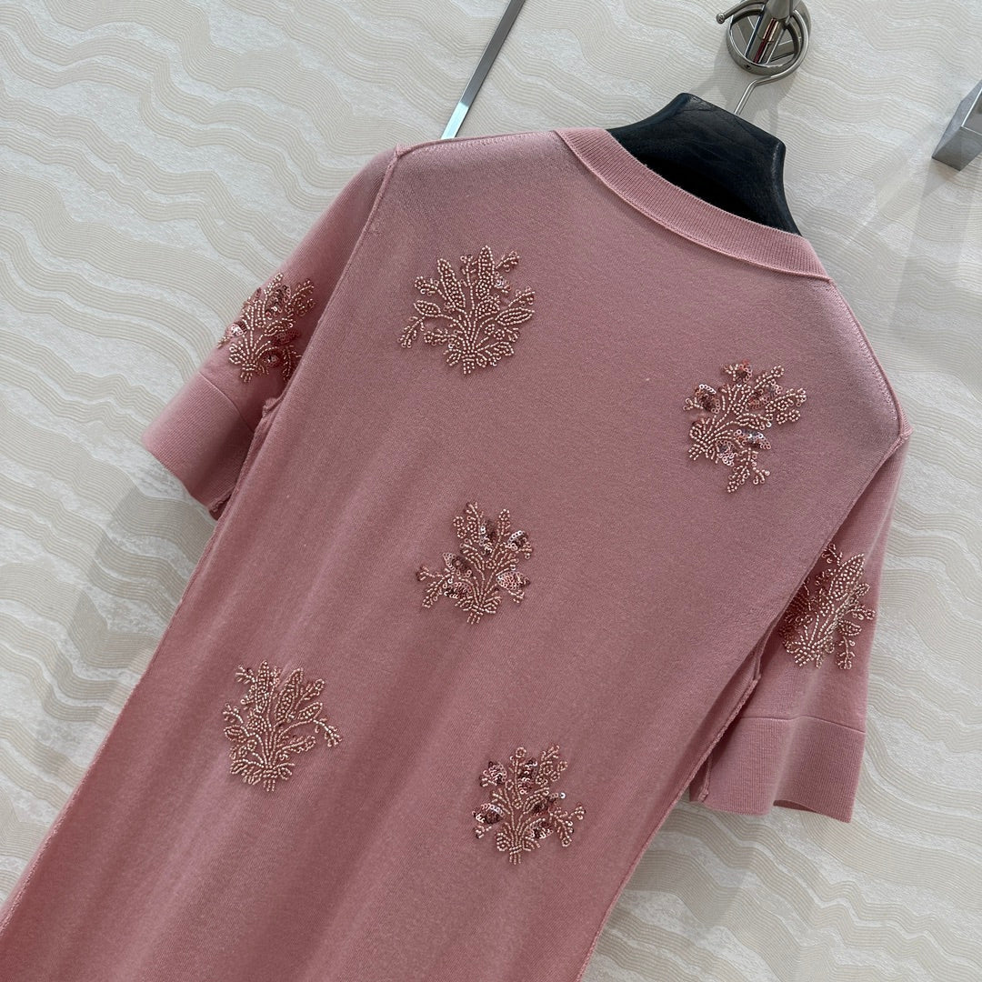 Fendi Beaded Flower Knitted Dress Pink Wool