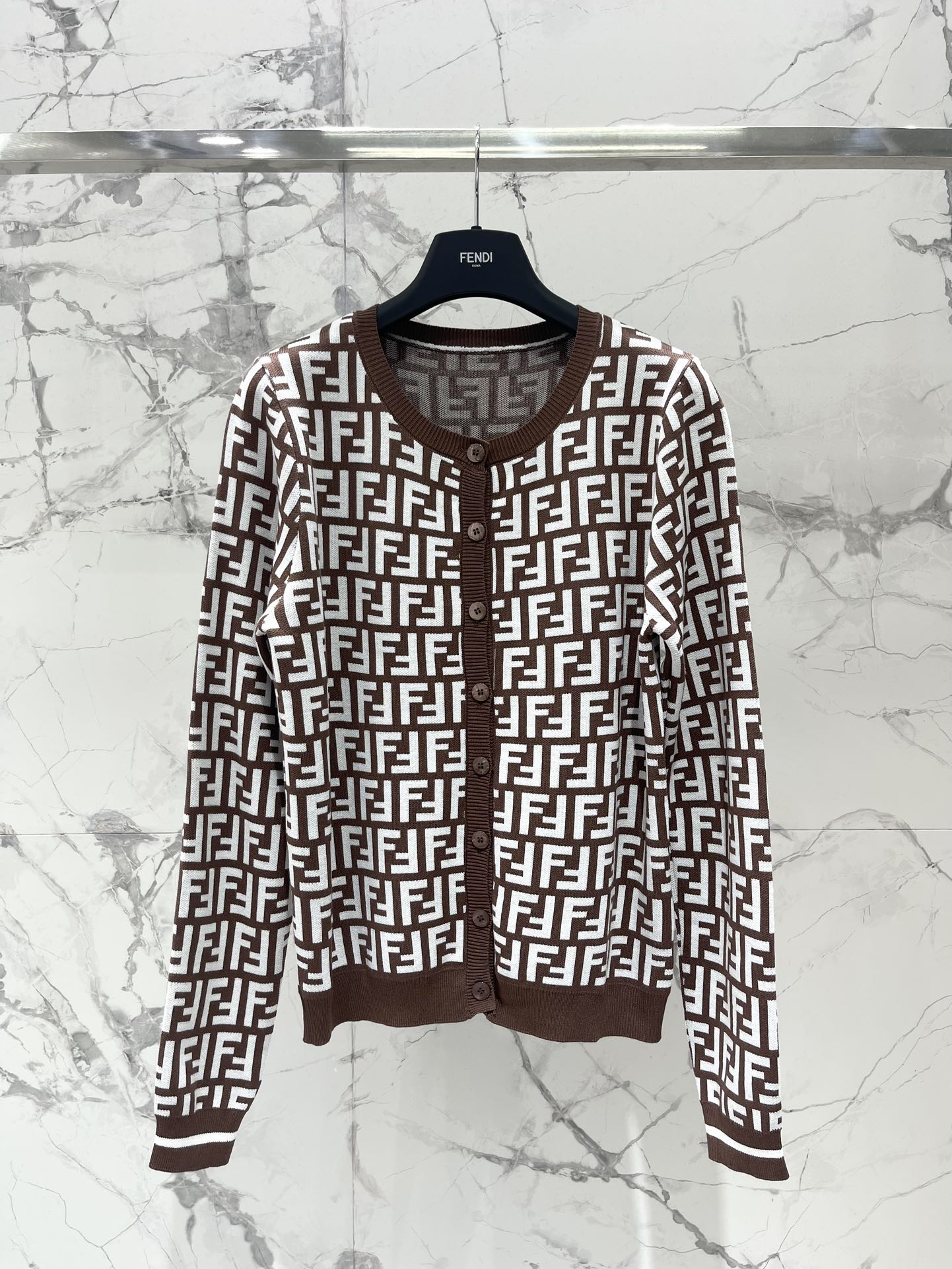 Fendi Double f Letter Knitted Cardigan Brown Wool