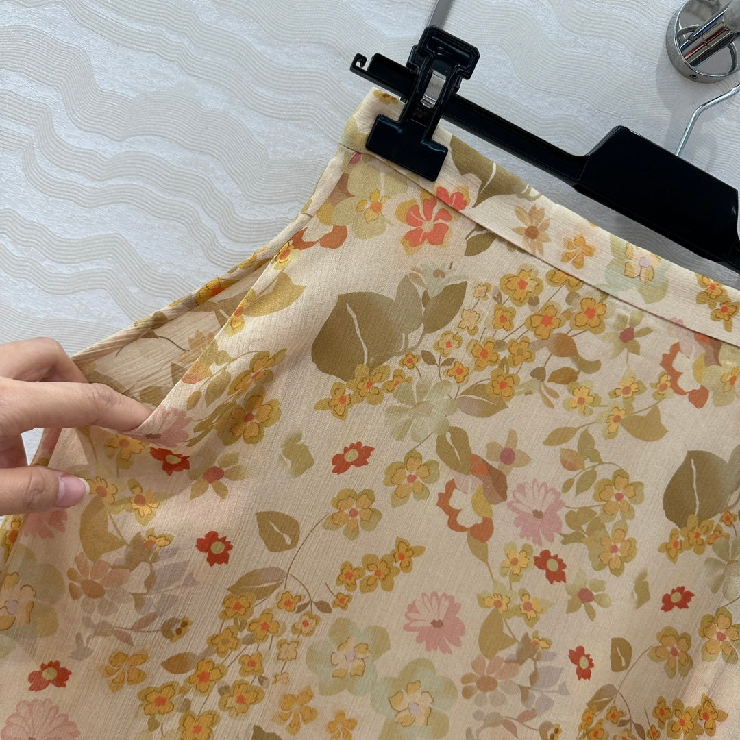 Celine Floral Long Skirt Light Beige Silk