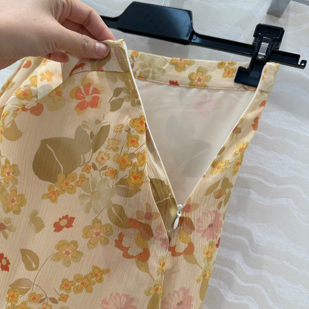 Celine Floral Long Skirt Light Beige Silk
