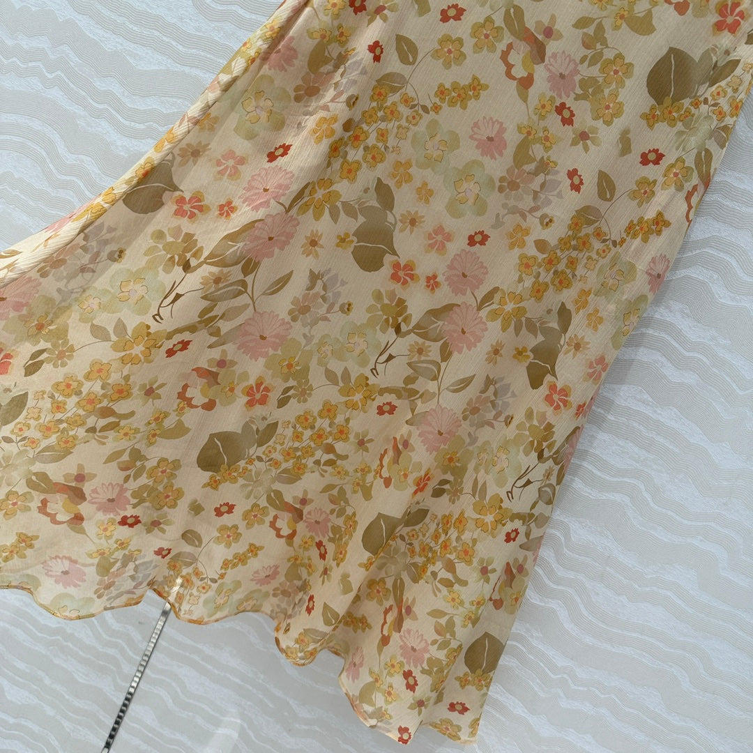 Celine Floral Long Skirt Light Beige Silk