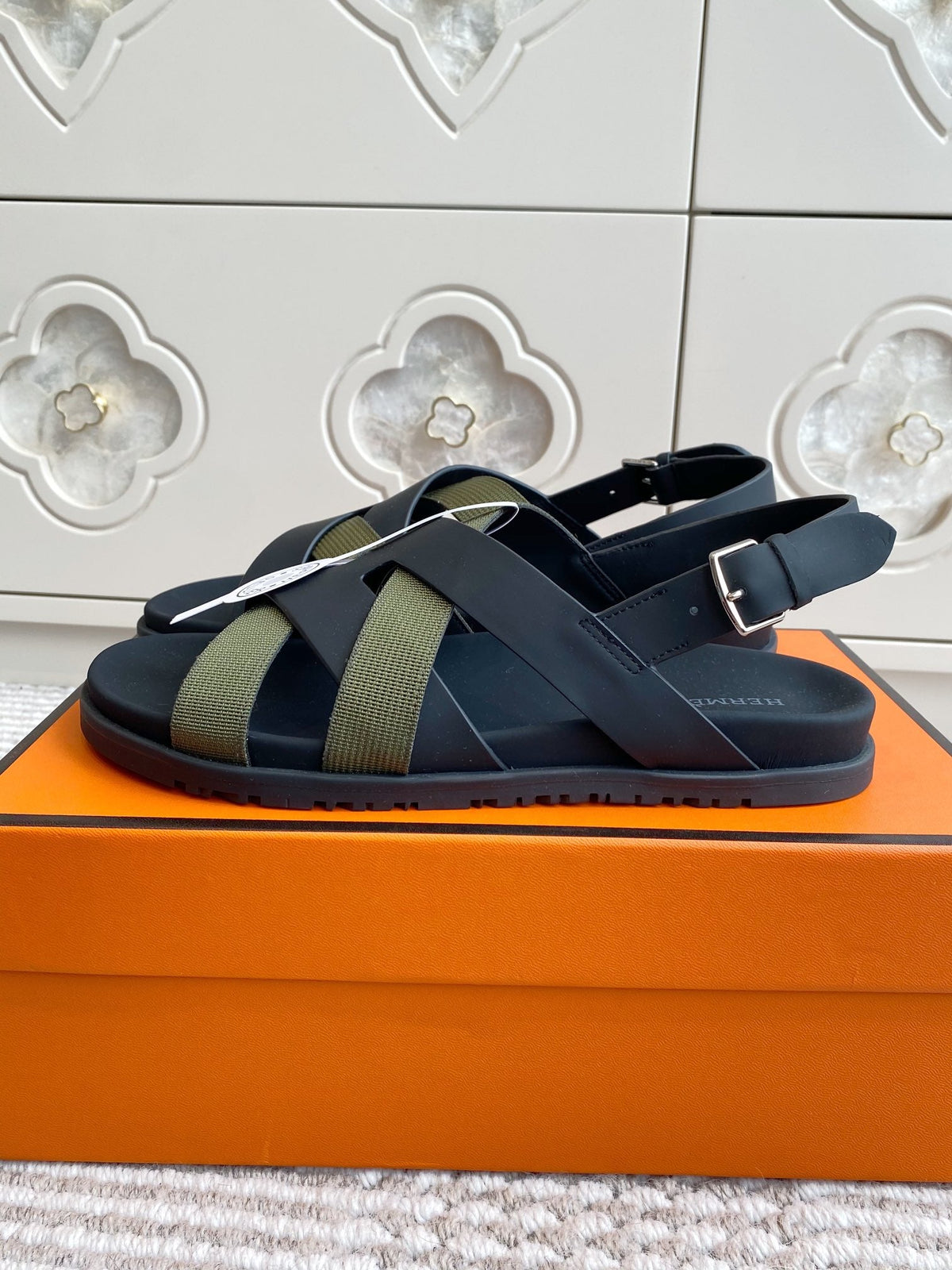 HM Heracles Sandals Black Army Green Calfskin 291450