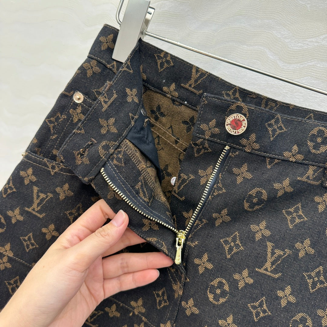 LV 25 Classic Logo Denim Skirt Black Cotton