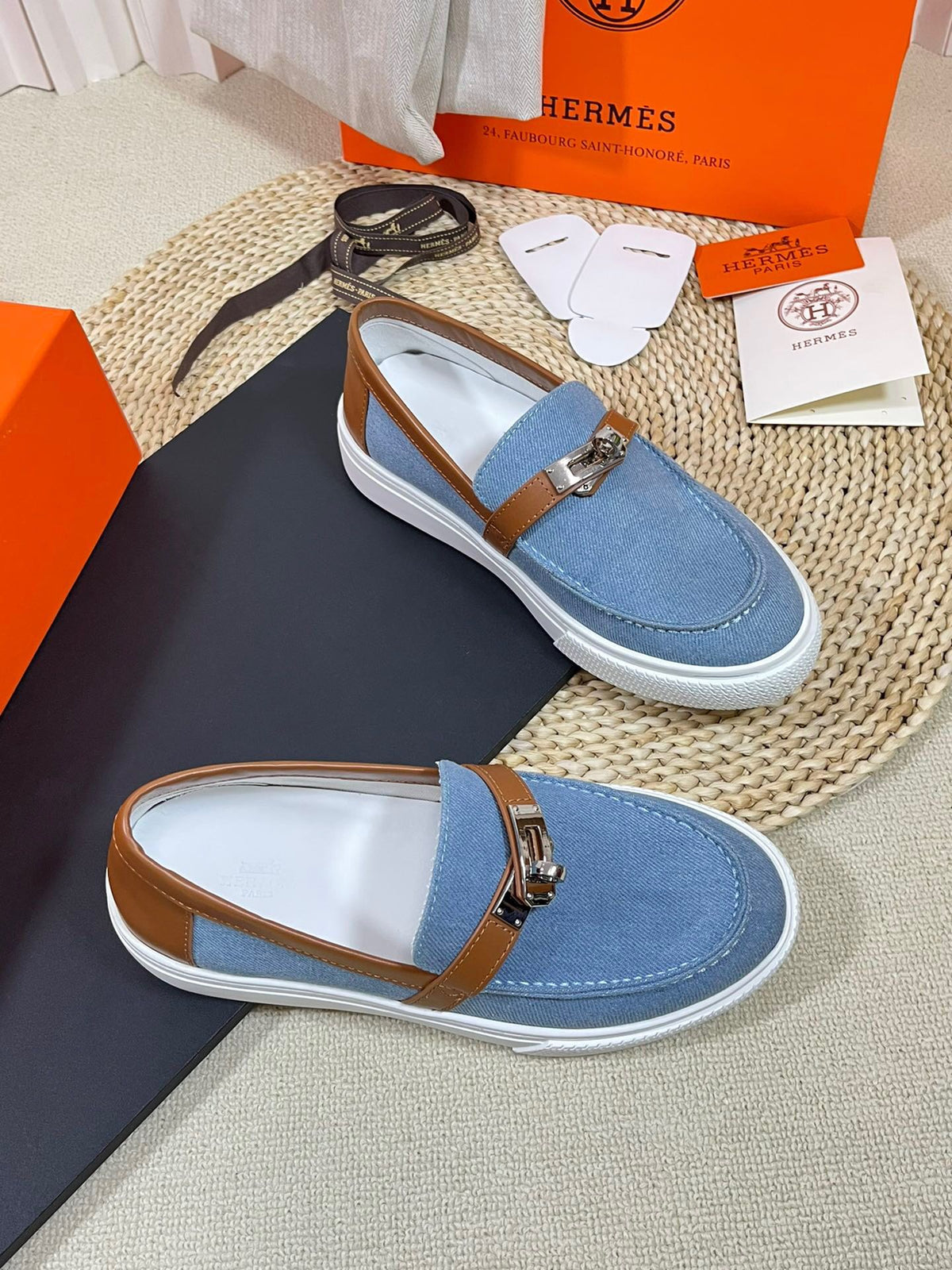 HM Denim Loafer Blue Brown Cowhide Cloth 317047