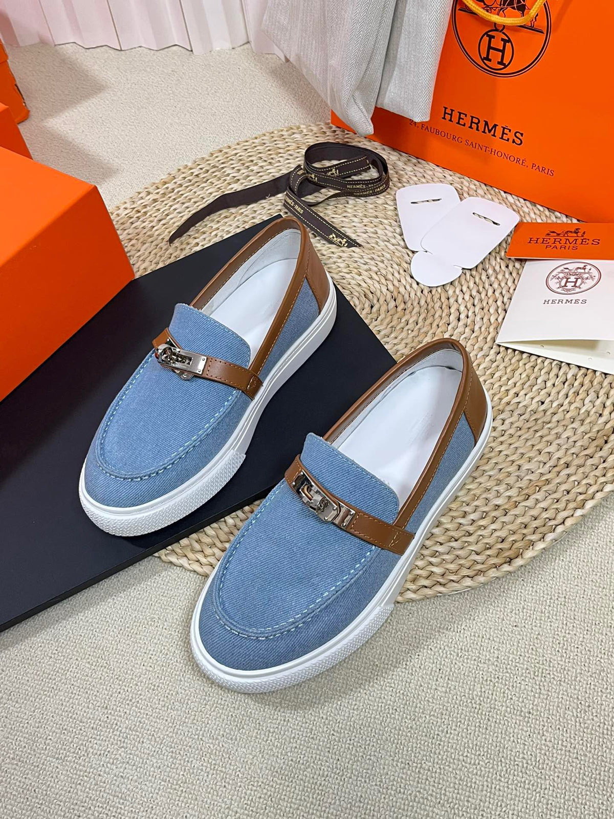 HM Denim Loafer Blue Brown Cowhide Cloth 317047