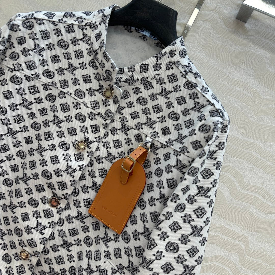 LV 25 Modern Logo Denim Long Jacket Black White Poliester