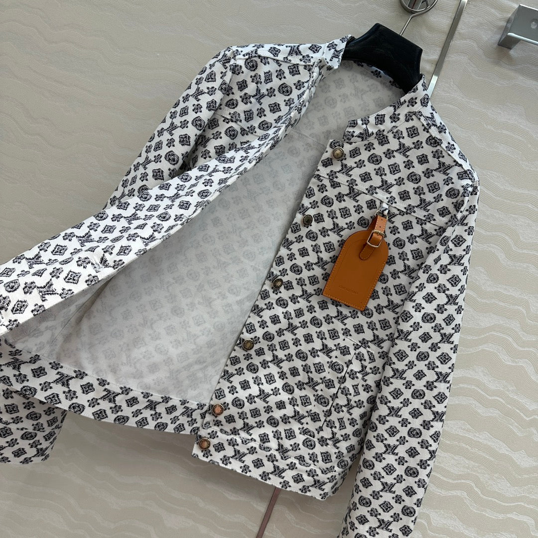 LV 25 Modern Logo Denim Long Jacket Black White Poliester