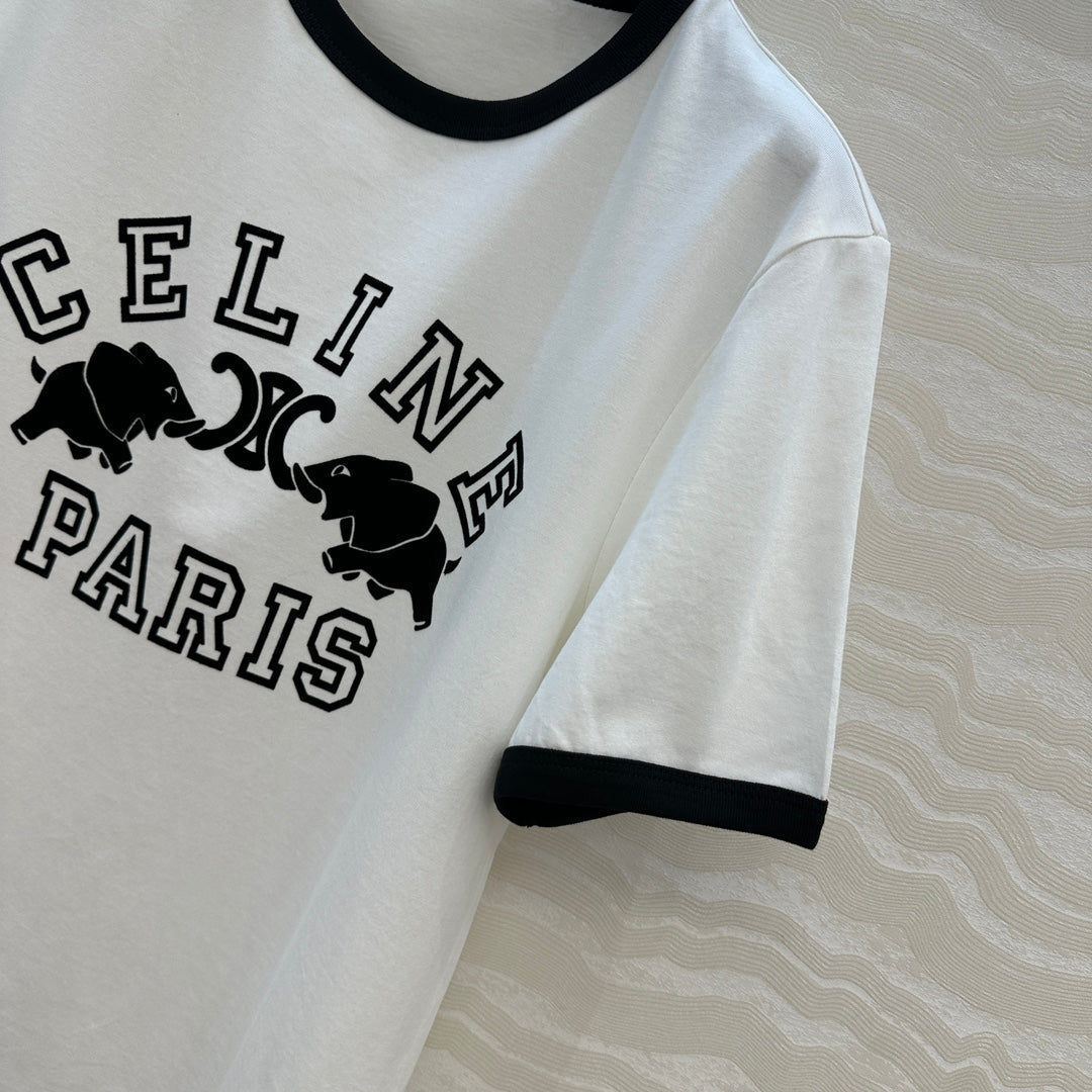 Celine Elephant Letter Flocking Short-sleeved T-shirt White mix Black Cotton