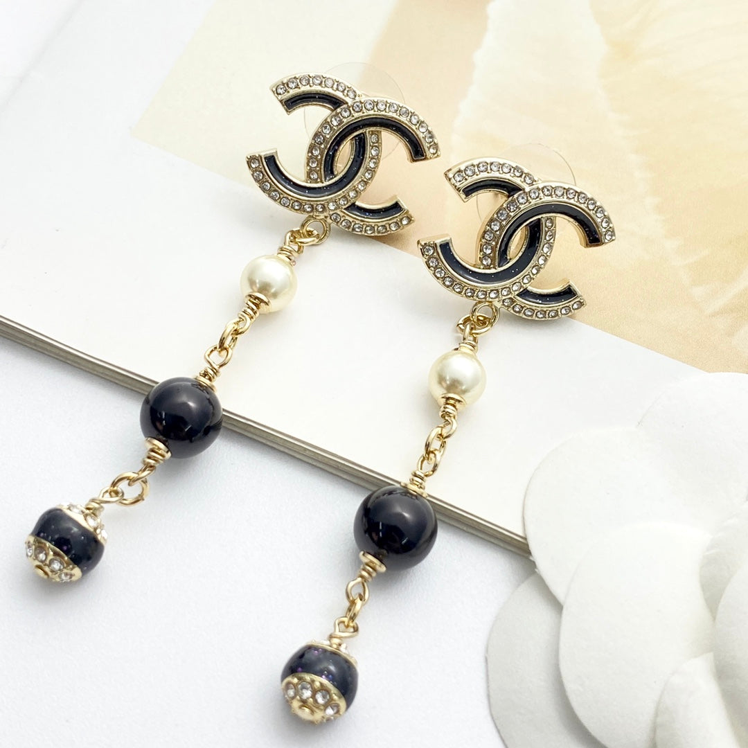 CC Black and Gold Rhinestone Double C Tassel Pearl Earrings