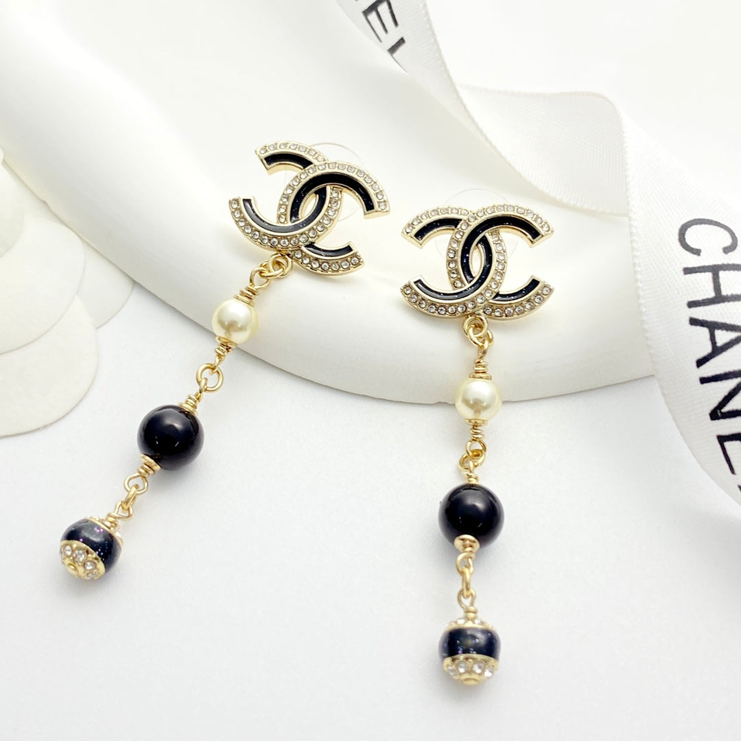 CC Black and Gold Rhinestone Double C Tassel Pearl Earrings