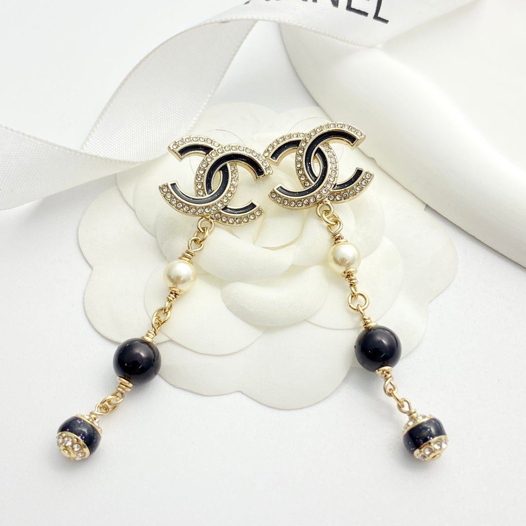 CC Black and Gold Rhinestone Double C Tassel Pearl Earrings
