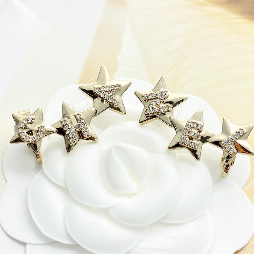 CC  Full Diamond Light Gold 3 Star Stud Earrings