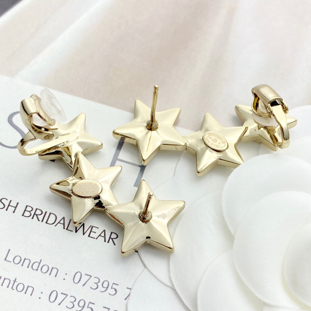 CC  Full Diamond Light Gold 3 Star Stud Earrings