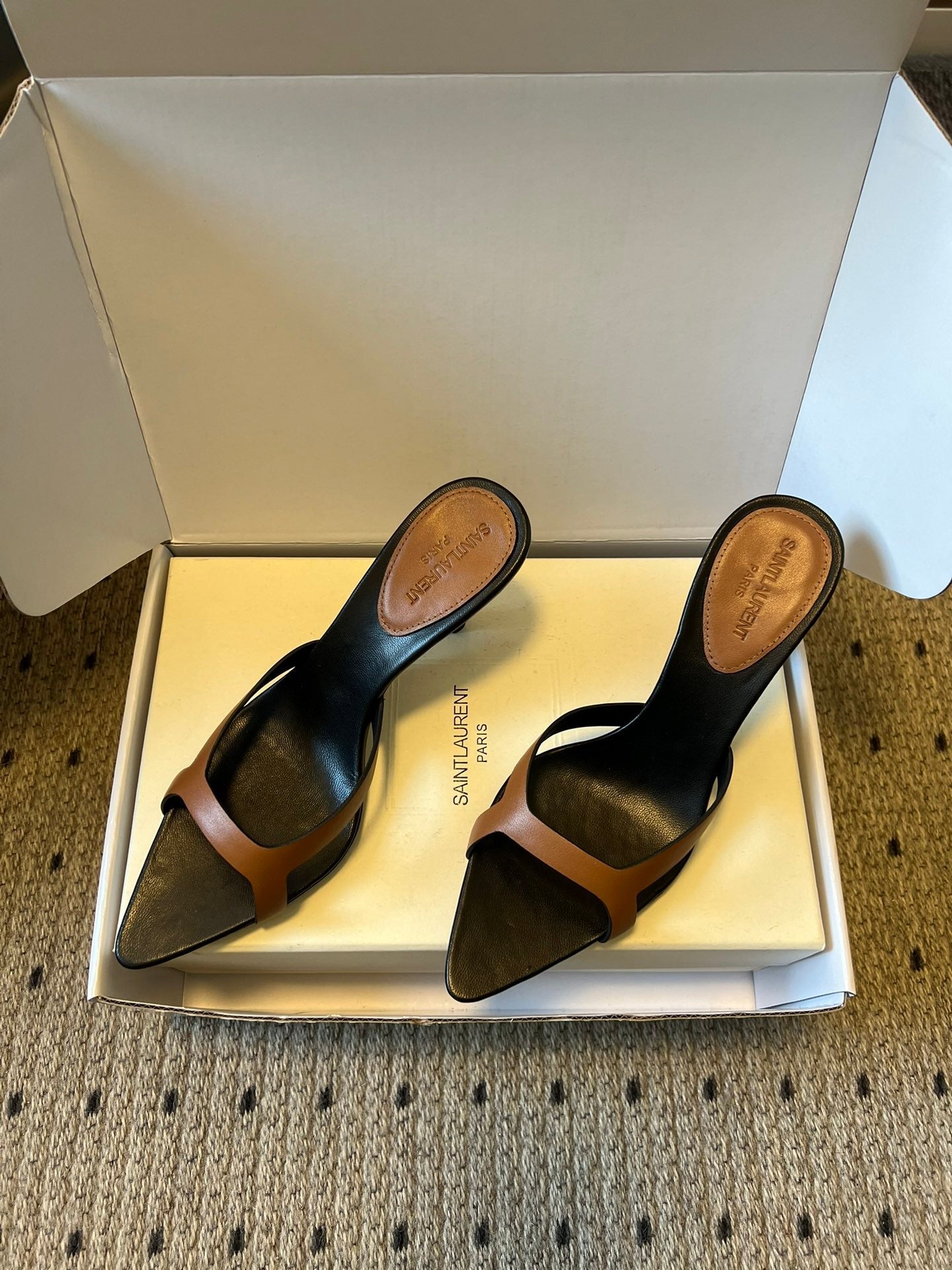 YSL 26ss High Heeled Mules 75 Black Brown Cowhide 651761