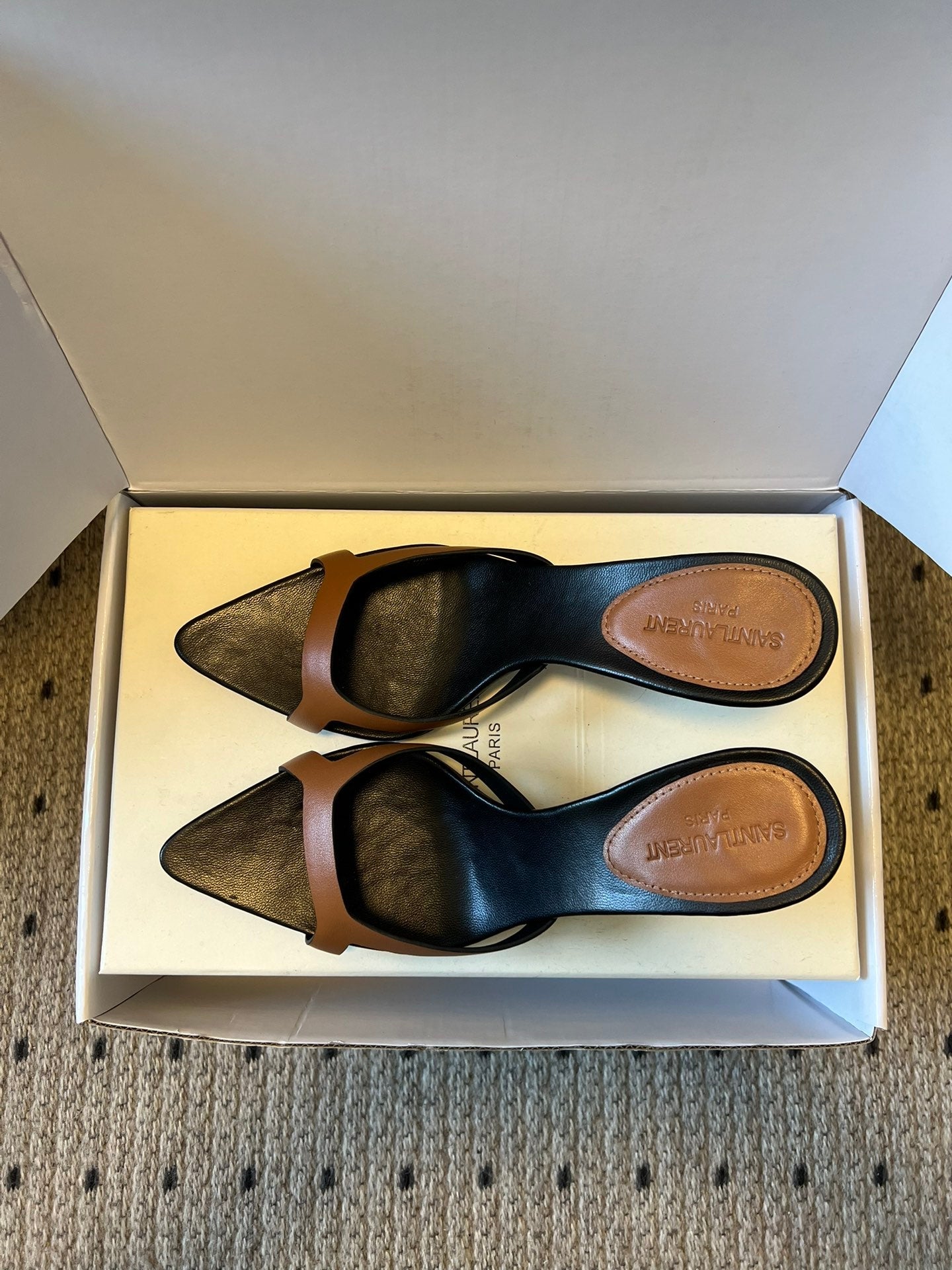 YSL 26ss High Heeled Mules 75 Black Brown Cowhide 651761