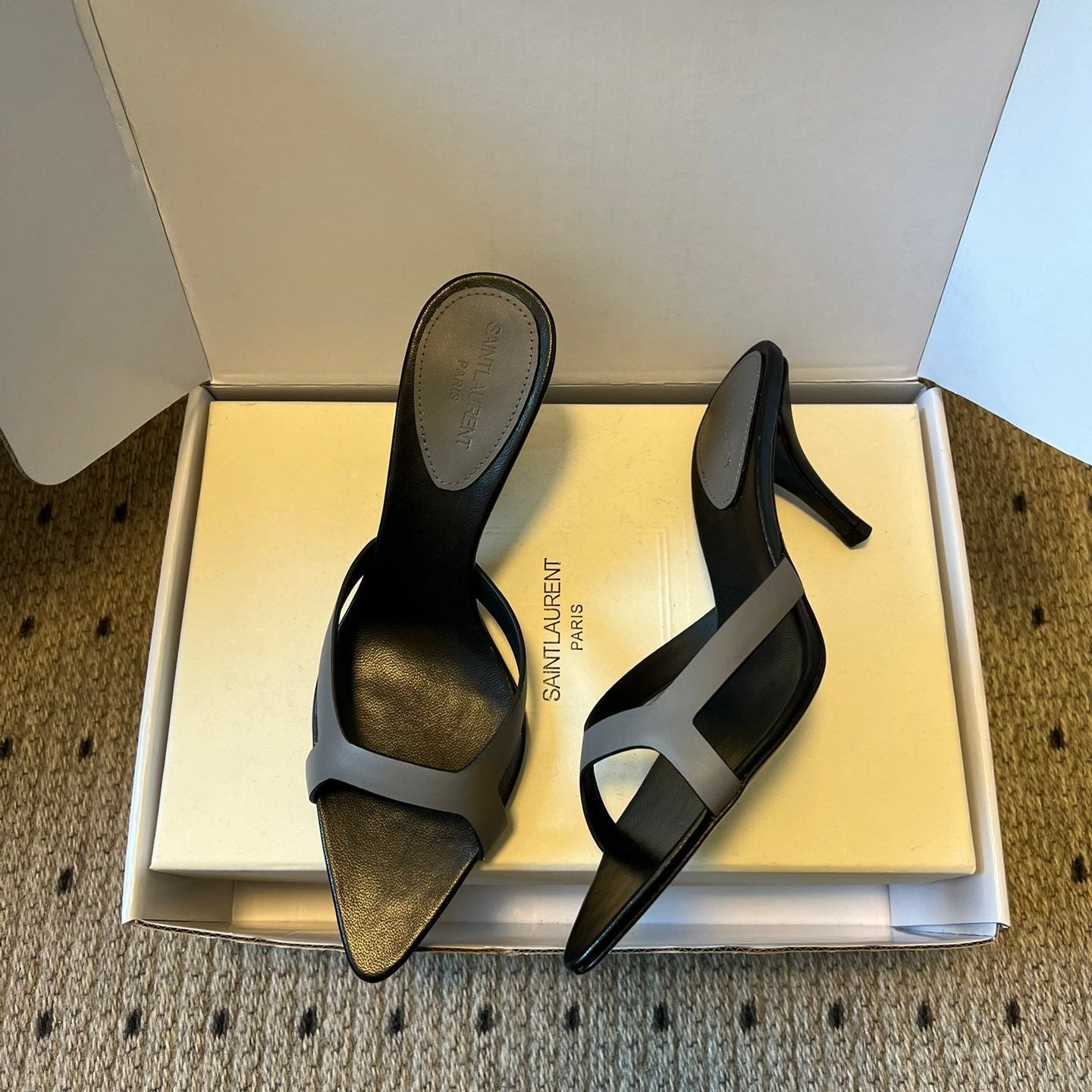 YSL 26ss High Heeled Mules 75 Black Gray Cowhide 651762