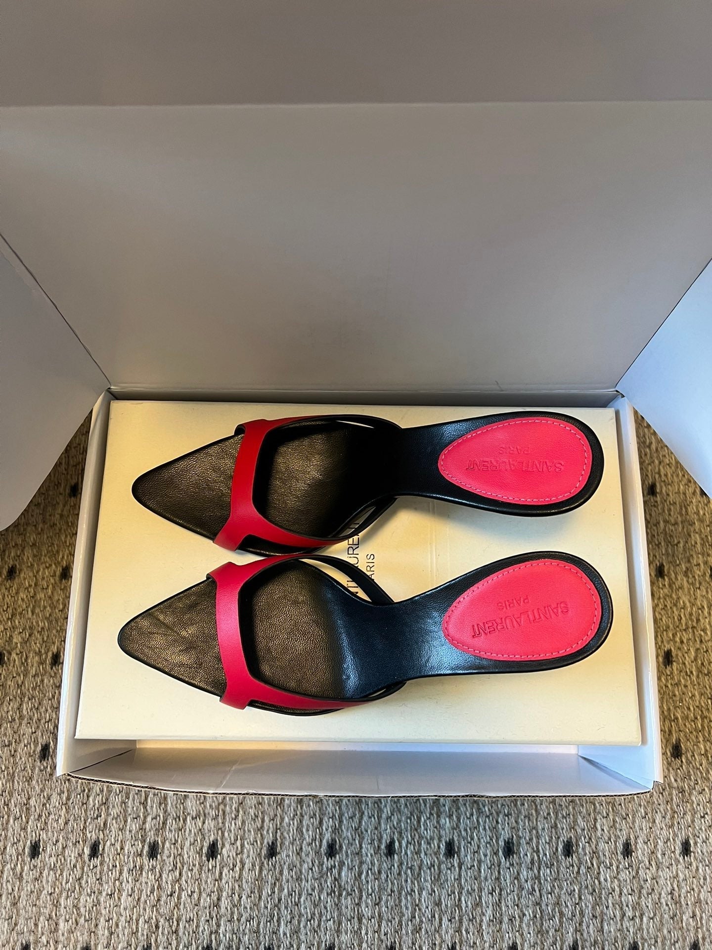 YSL 26ss High Heeled Mules 75 Black Dark Pink Cowhide 651768