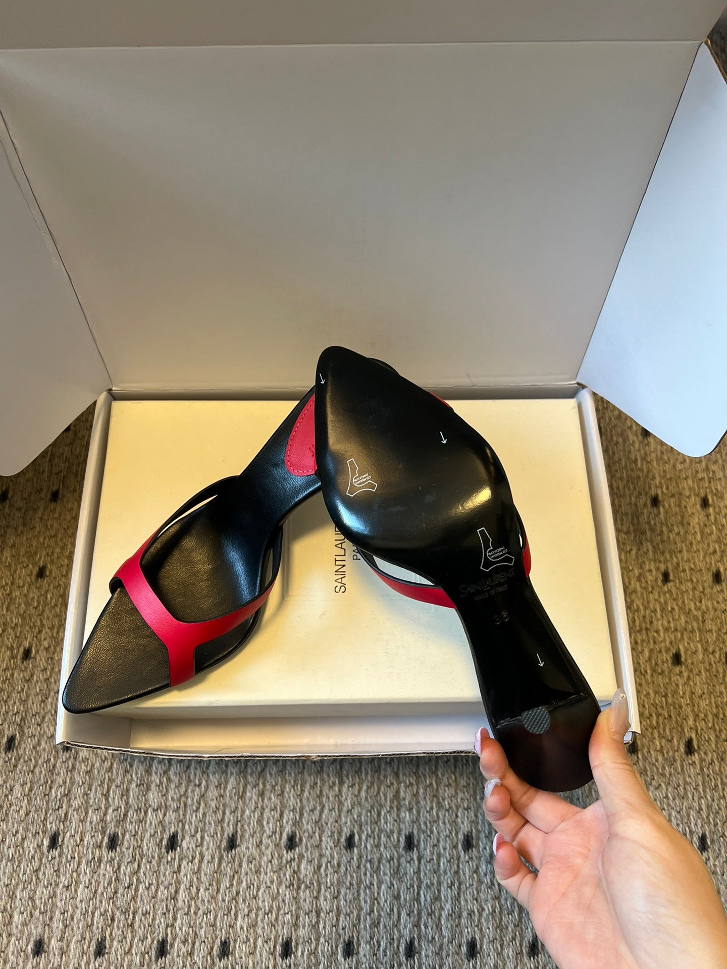 YSL 26ss High Heeled Mules 75 Black Dark Pink Cowhide 651768
