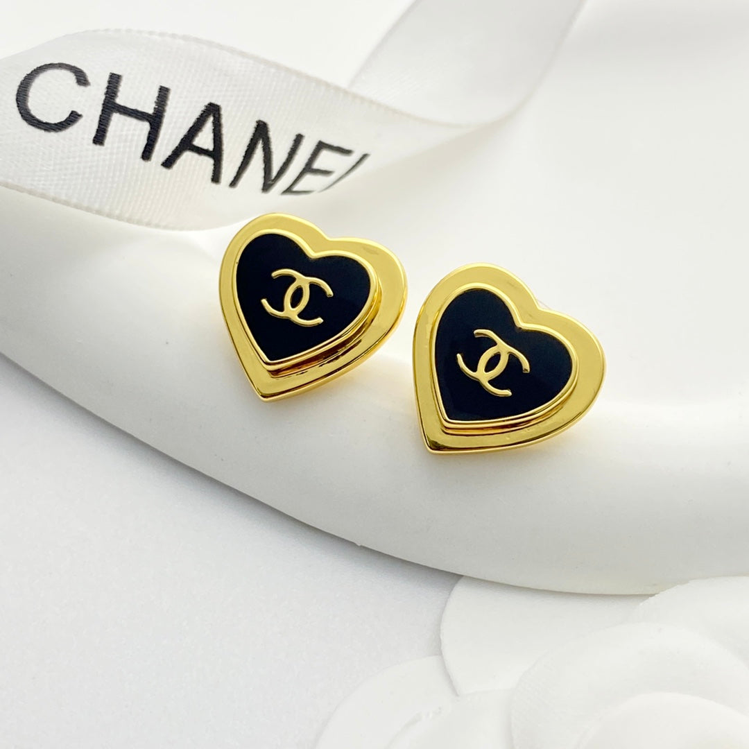 CC Black Enamel Gold Double C Heart Earrings