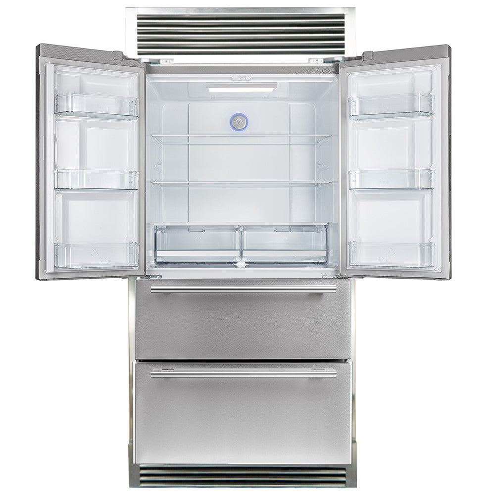 Forno FFRBI1820-40SG 36″ Moena Refrigerator FORNO ALTA QUALITA Freestanding French Doors With Ice Maker and Decorative Grill, 19.2 cu.ft.