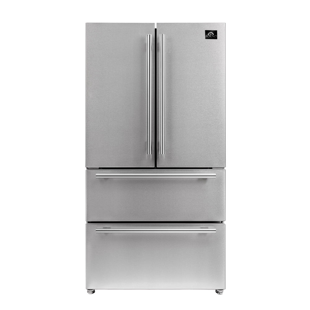 Forno FFRBI1820-40SG 36″ Moena Refrigerator FORNO ALTA QUALITA Freestanding French Doors With Ice Maker and Decorative Grill, 19.2 cu.ft.