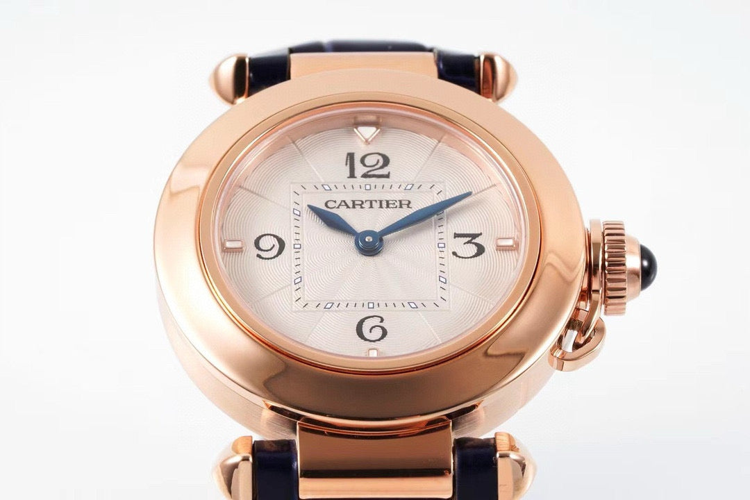 Pasha 30mm Quartz Pink Gold Case White Dial Navy Blue Strap