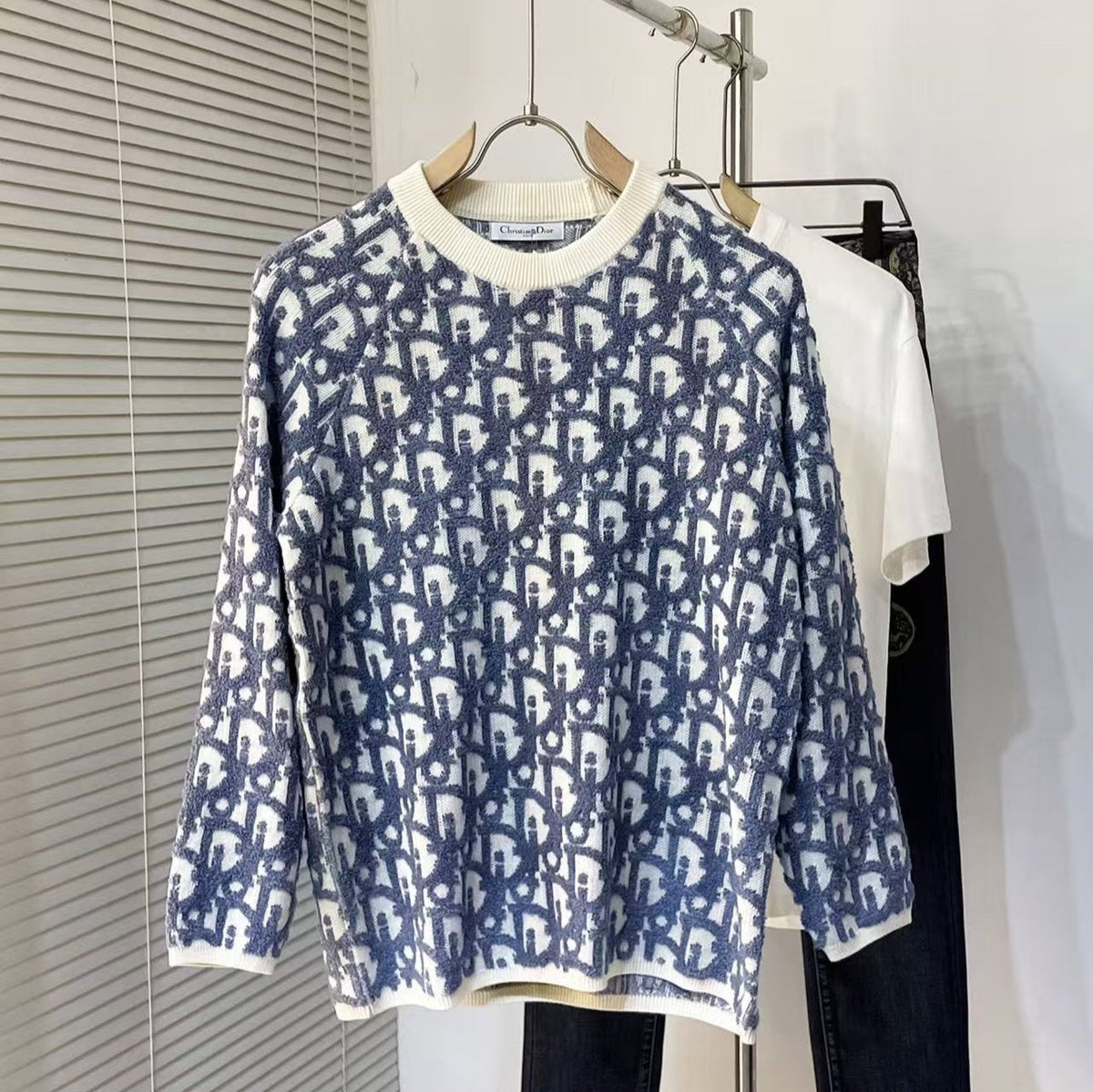 CD Oblique Sweater White Blue Wool