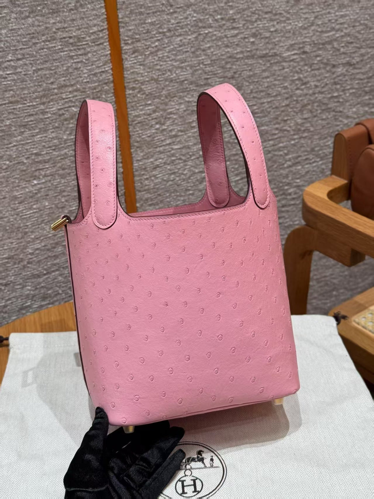 Picotin Lock Pink Ostrich Gold Hardware