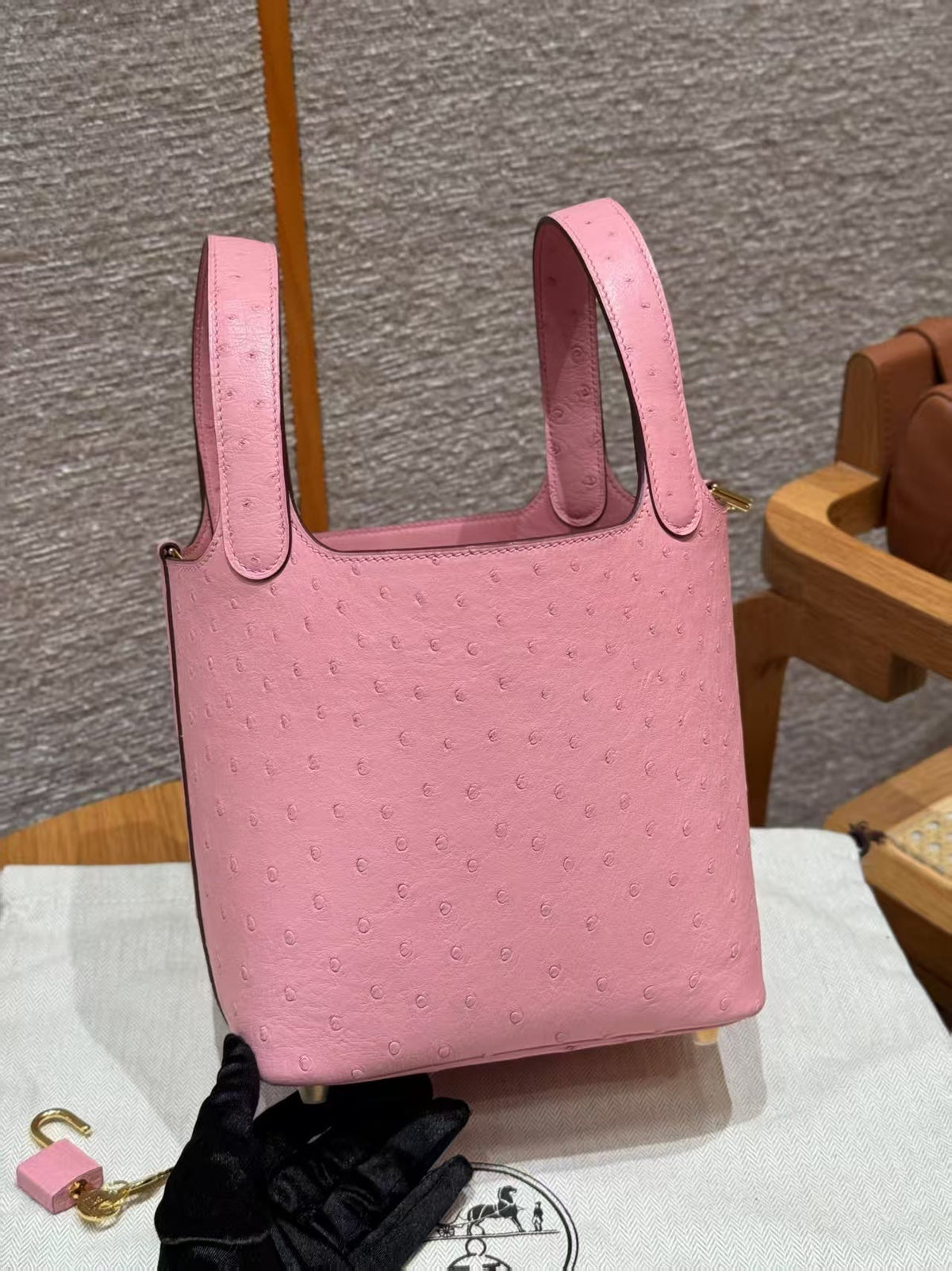 Picotin Lock Pink Ostrich Gold Hardware