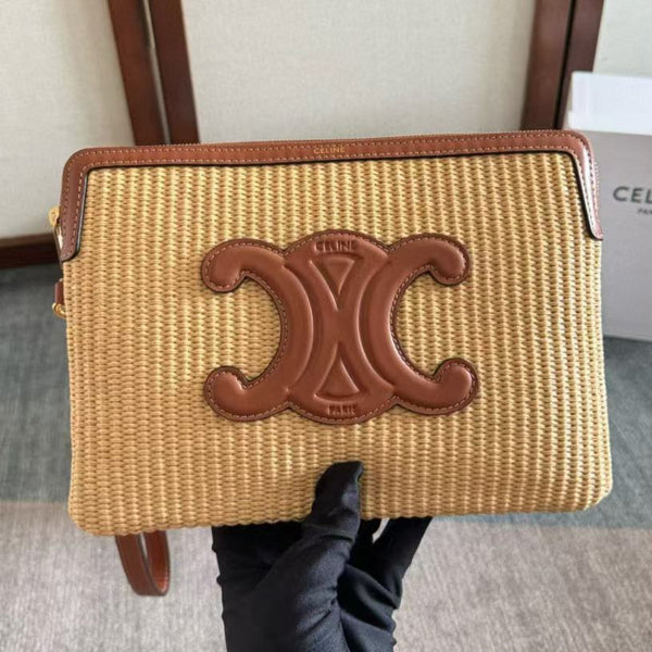 CELINE SMALL POUCH BEIGE BROWN  RAFFIA CALFSKIN