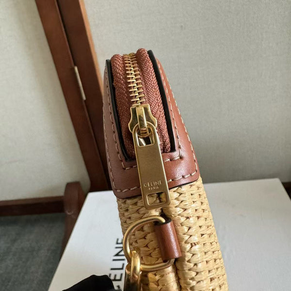 CELINE SMALL POUCH BEIGE BROWN  RAFFIA CALFSKIN