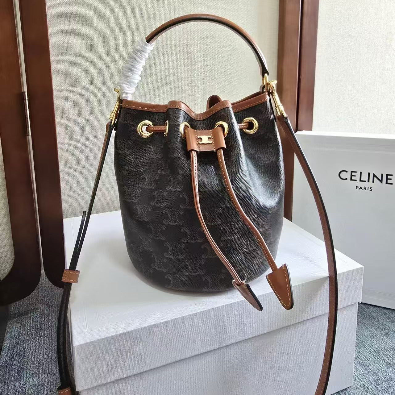 Celine Clara Bag 19 Black Brown Canvas Calfskin