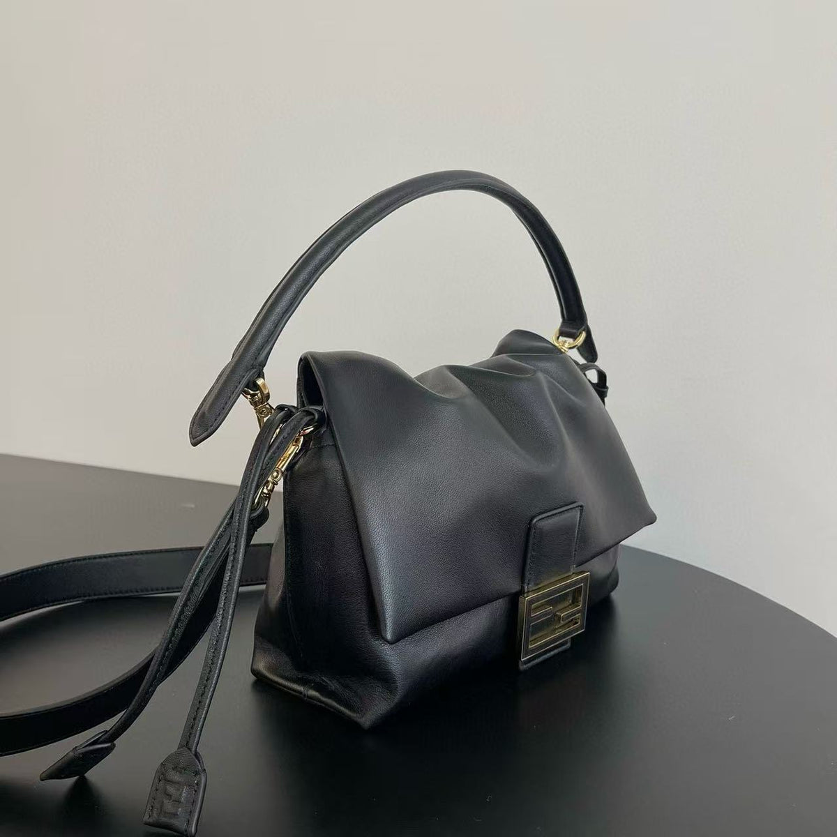 Fendi Mamma Baguette Drawstring Shoulder Bag Black Nappa Leather