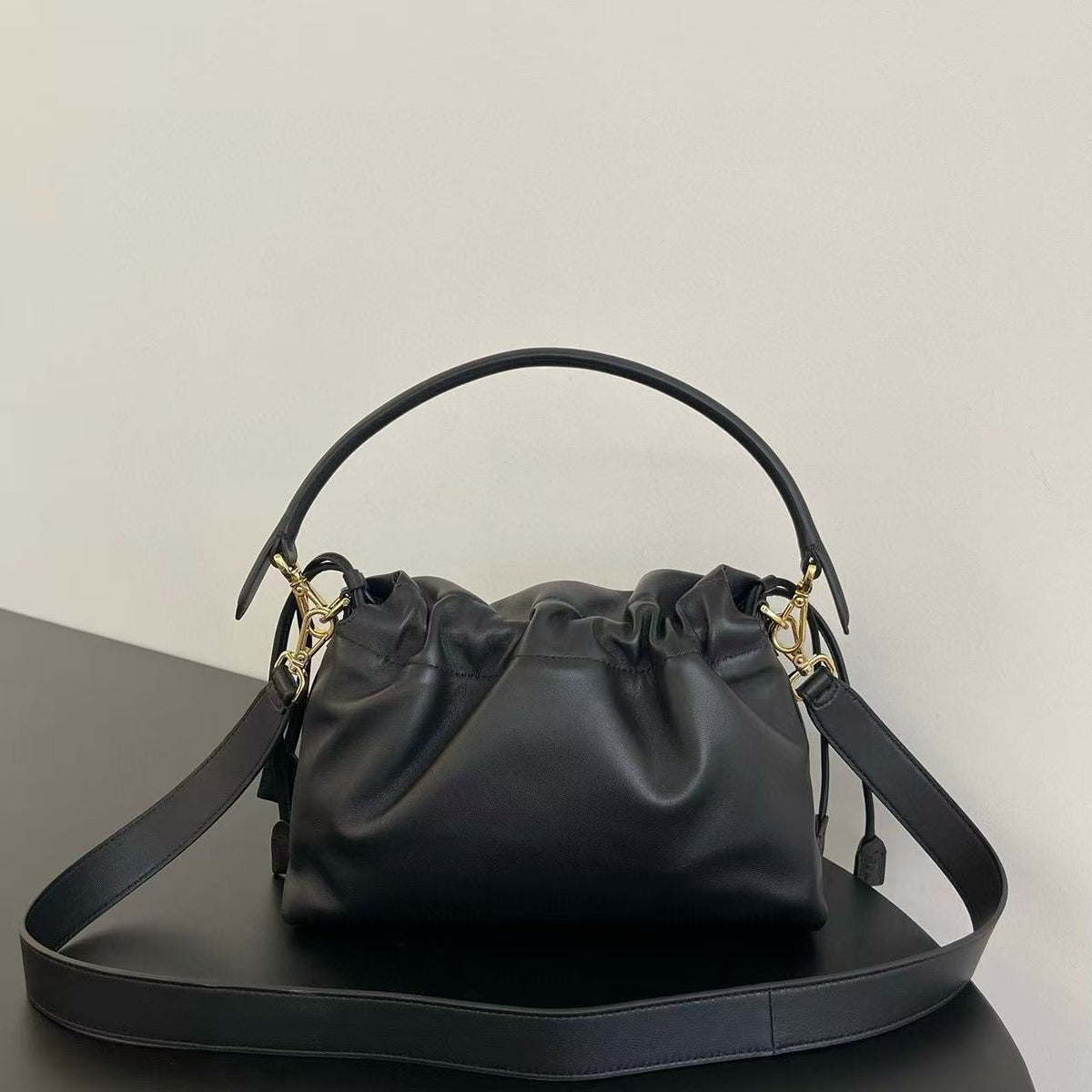 Fendi Mamma Baguette Drawstring Shoulder Bag Black Nappa Leather