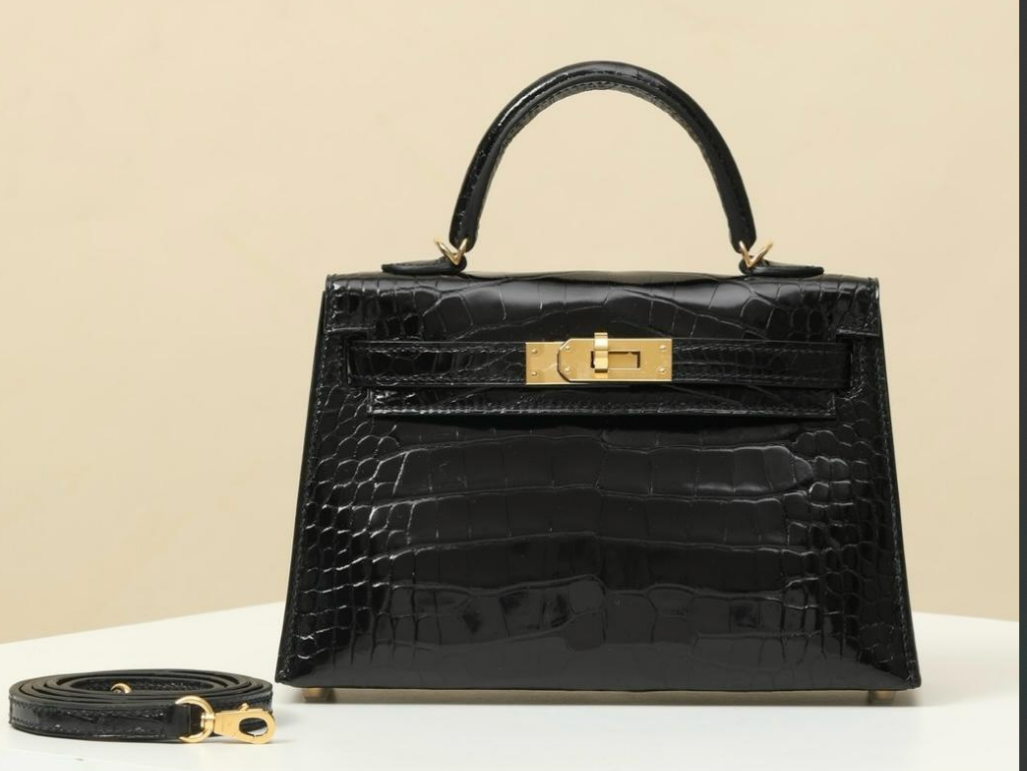 Hermès Kelly II Sellier Crocodile Embossed Black Gold Leather
