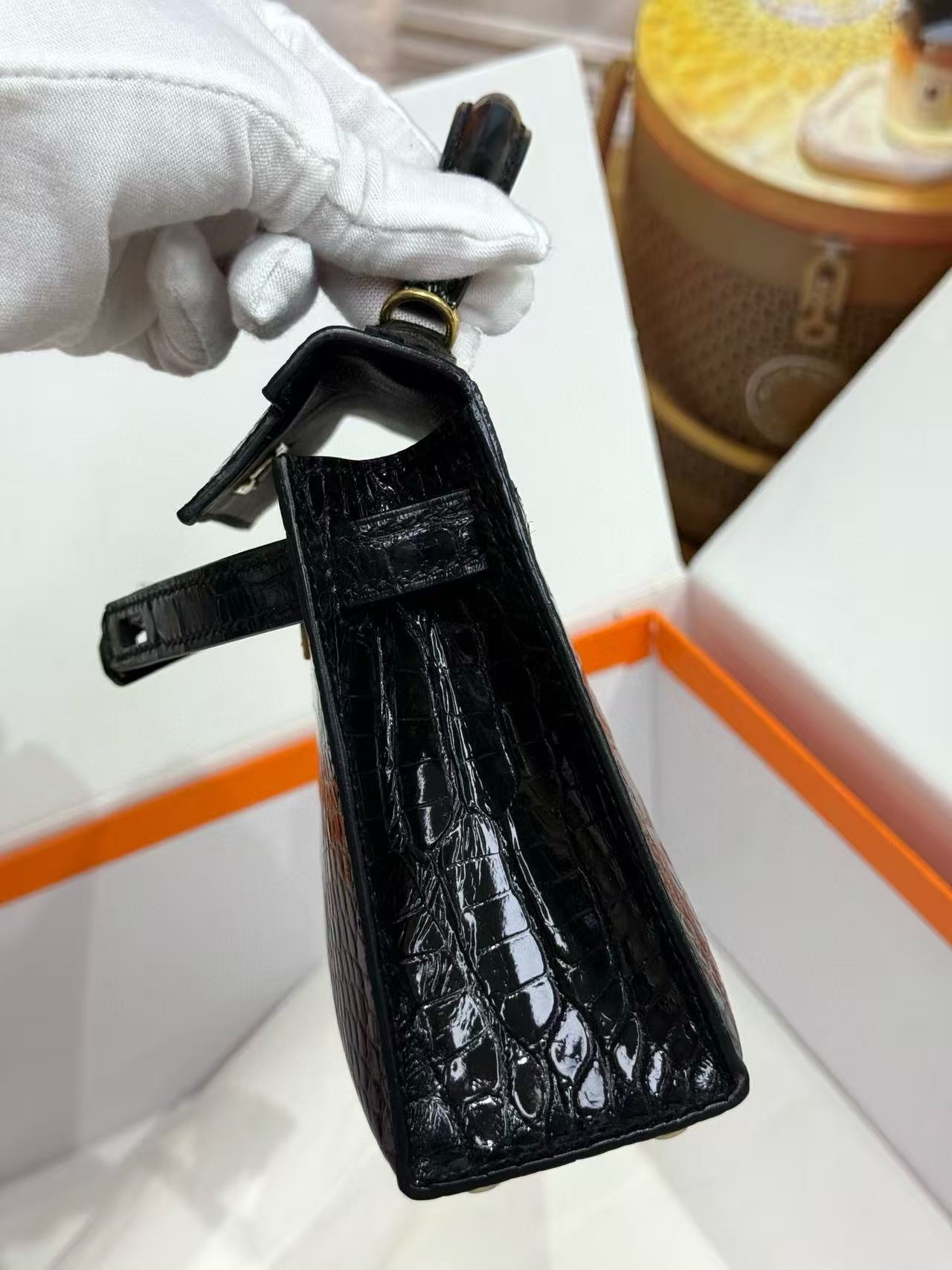 Hermès Kelly II Sellier Crocodile Embossed Black Gold Leather