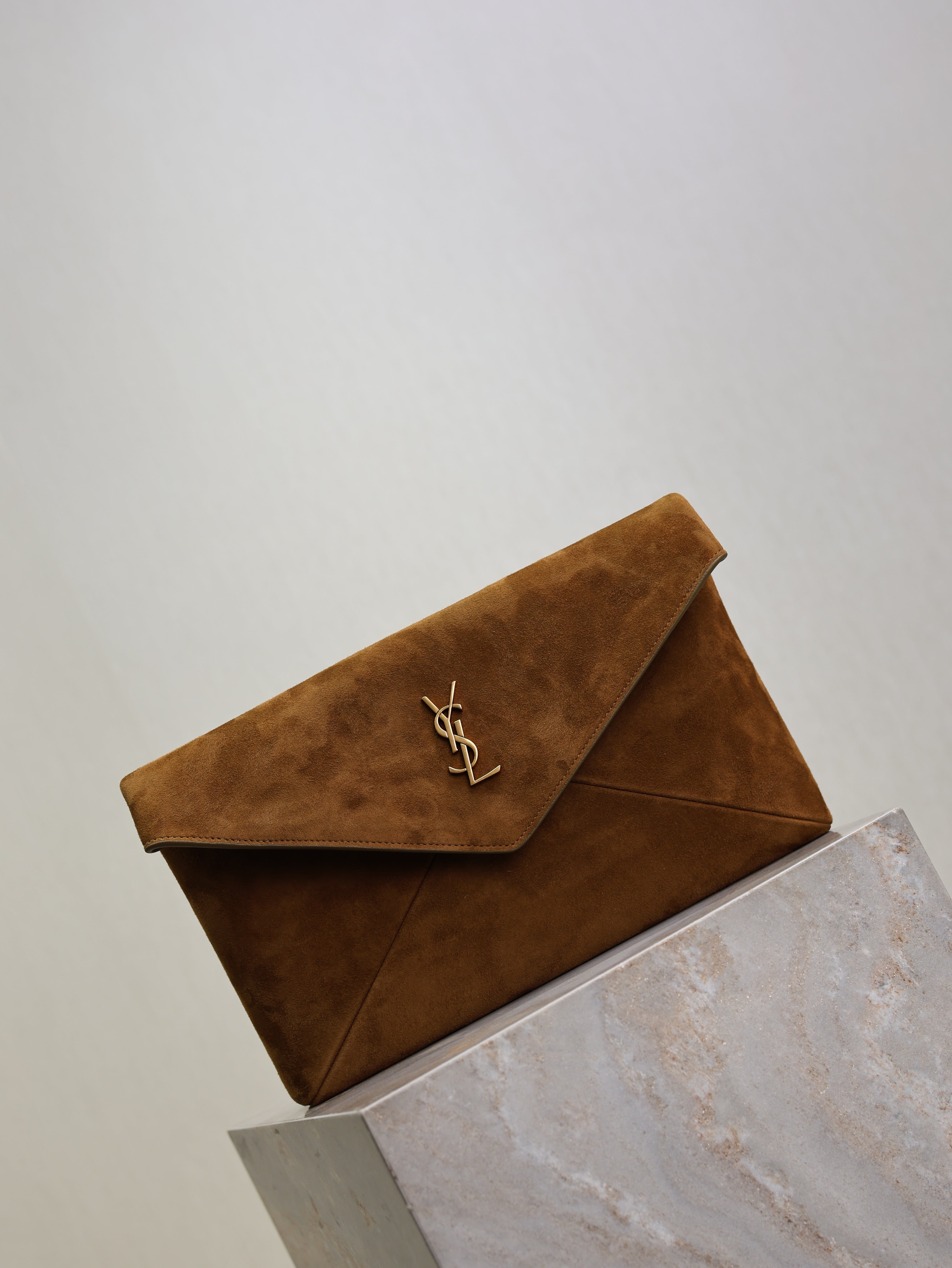 YSL 2026 Cassandre Envelope Bag 29.5cm Brown Suede
