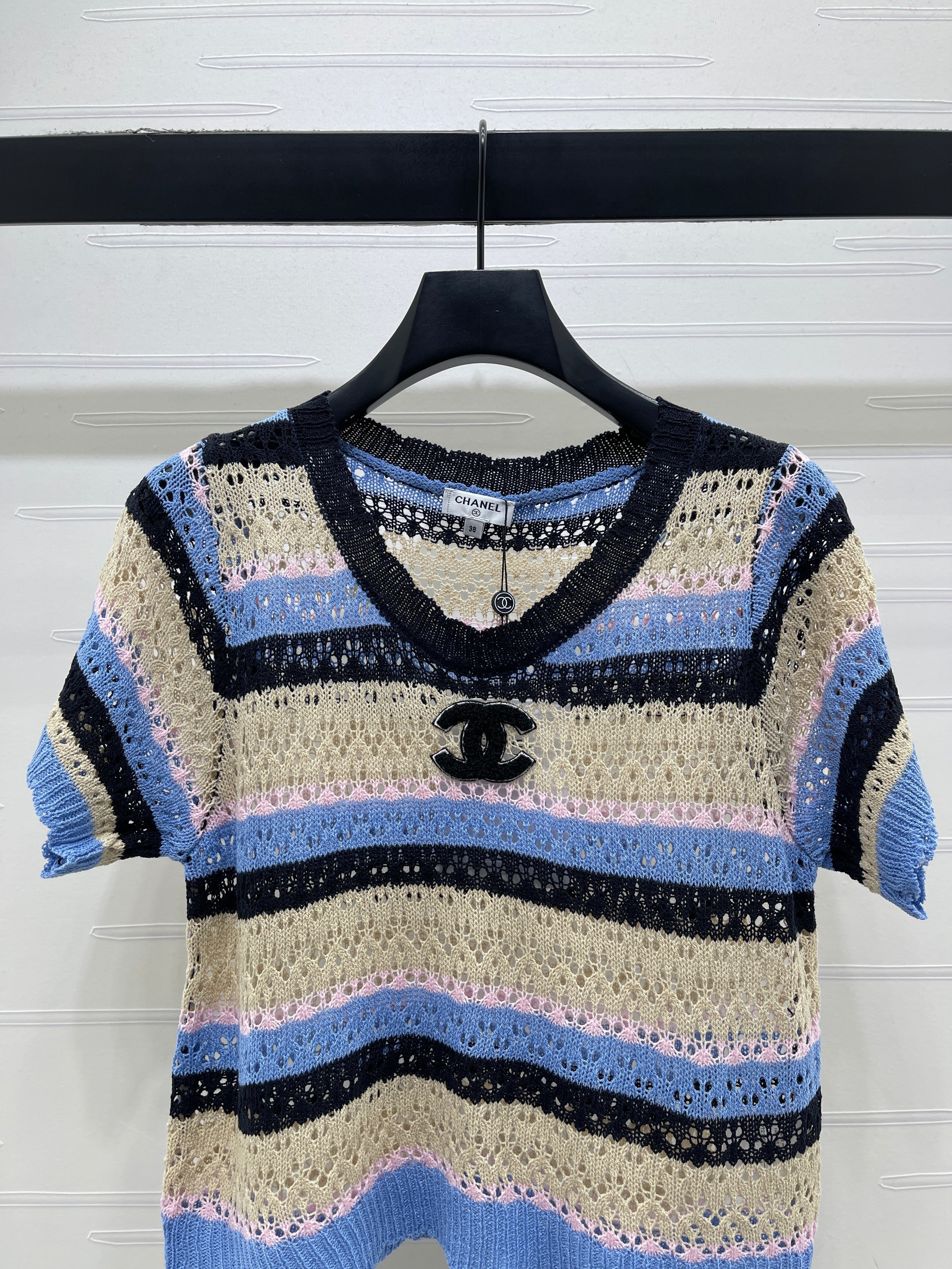 Chanel 2026 Hollow Out Knit Top Blue Beige Black Cotton
