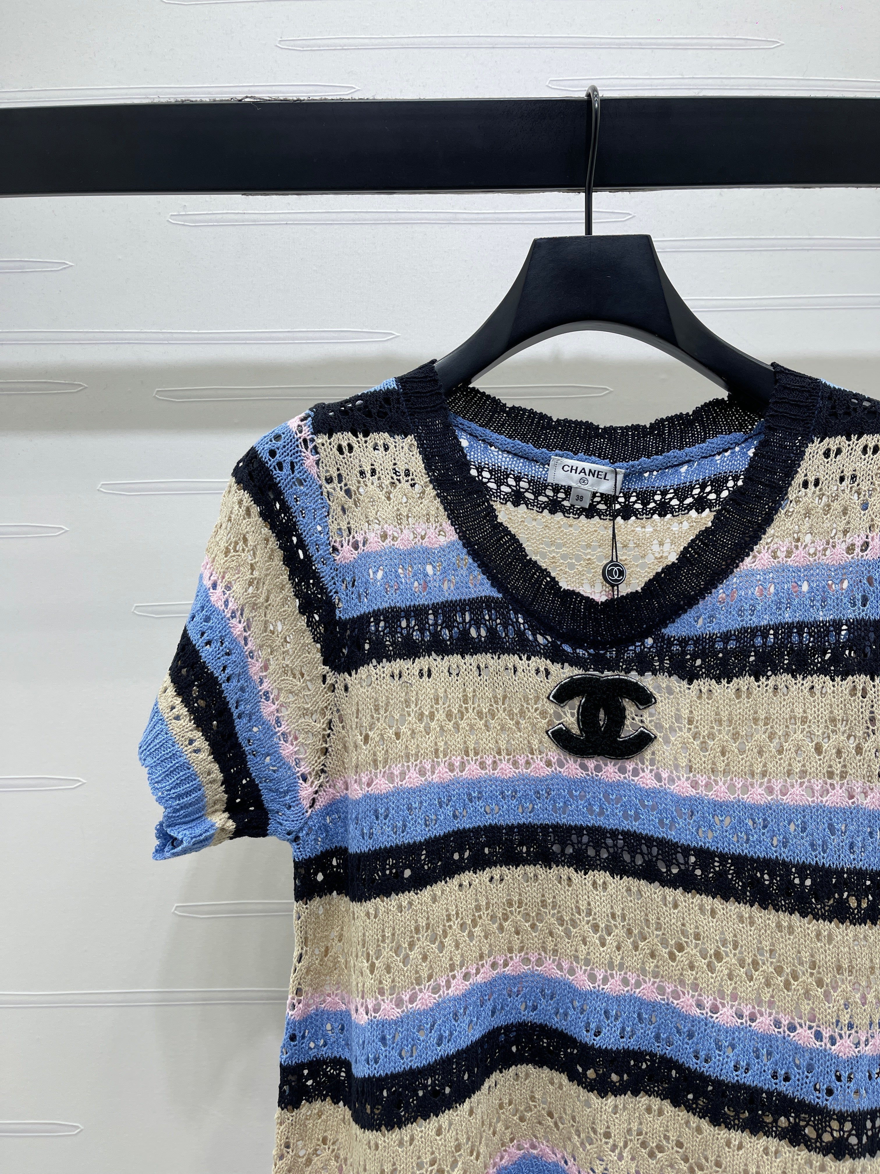 Chanel 2026 Hollow Out Knit Top Blue Beige Black Cotton