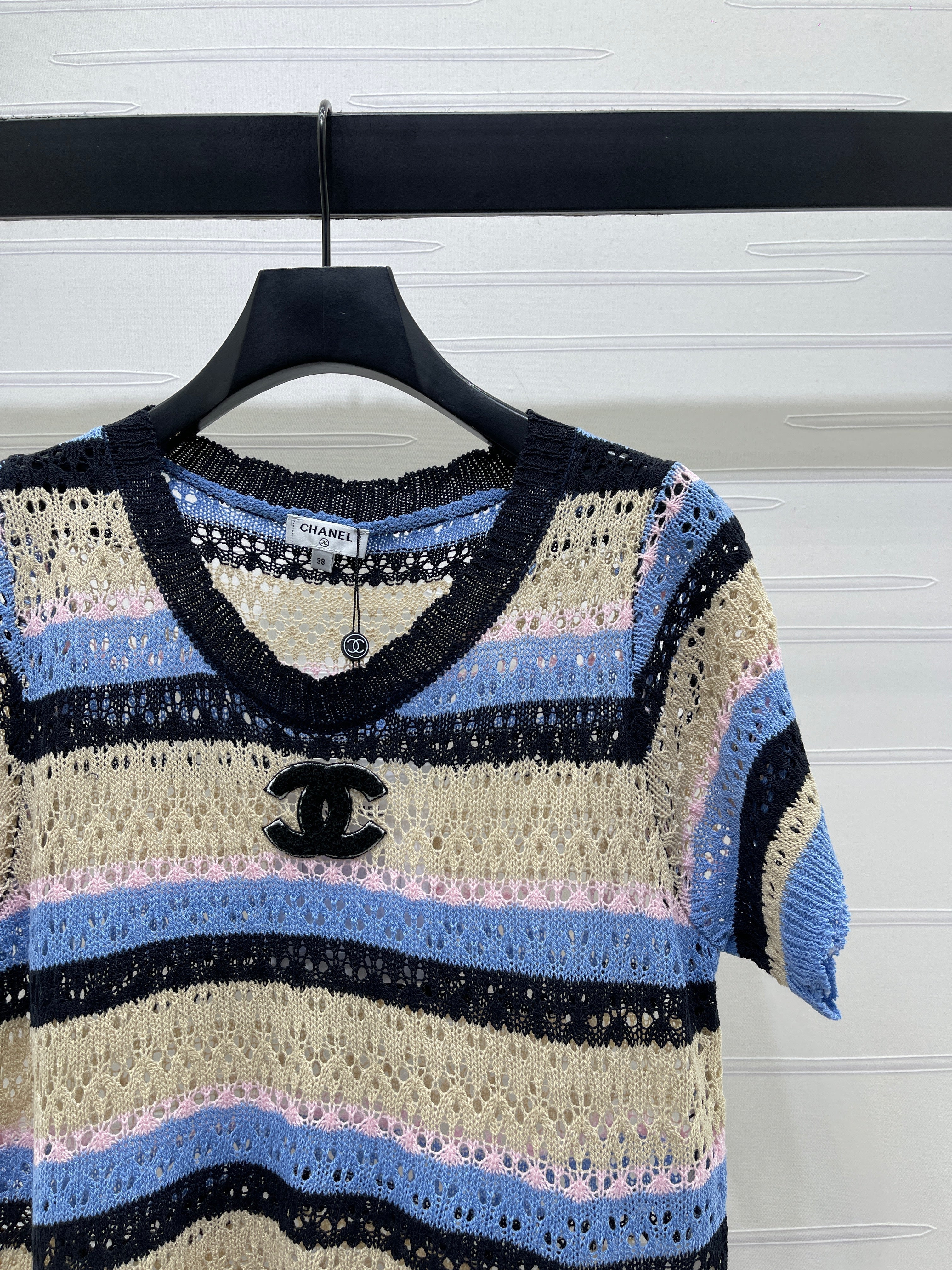 Chanel 2026 Hollow Out Knit Top Blue Beige Black Cotton