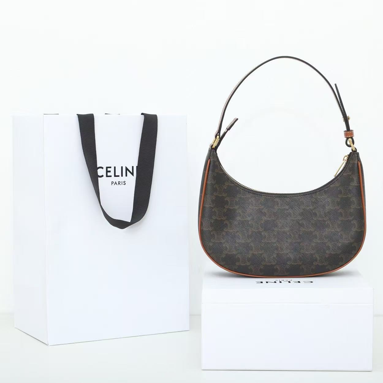 Celine 2026 Ava Shoulder Bag 23cm Black Tan Triomphe Canvas Calfskin